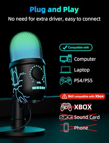 MRSDY USB Gaming Microphone for PC with Noise Reduction, Mute, Gain, RGB