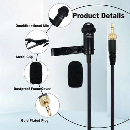 2 pcs Lavalier Mic for Sennheiser Wireless Bodypack Transmitter | Omnidirectional Condenser, Wired Microphone , 3.5mm TRS Lapel, Black, 5ft