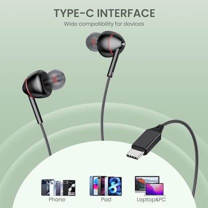 USB-C Wired Earbuds with Microphone, Volume Control, Noise Canceling, Compatible with Samsung Galaxy S24 S23 S22, iPhone 17 16 15 Pro Pro max, Pixel Phones - color: Updated black