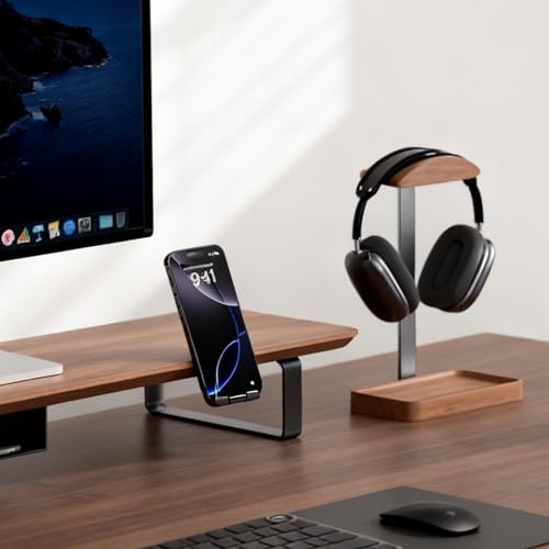 muso wood Walnut Headphone Stand, Wood Headset Stand with Storage Base | Desk Holder for Gaming & Office, Compatible with AirPods Max, Bose, Razer Headsets - color: walnut wood