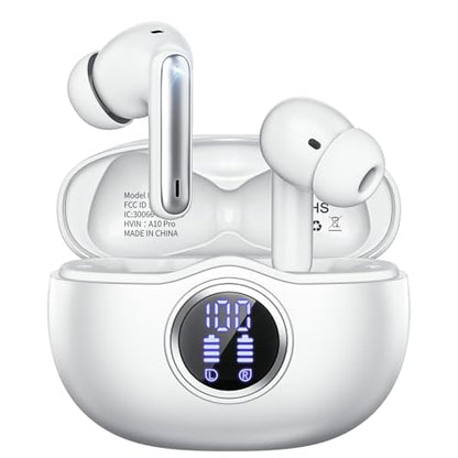 Wireless Earbuds, Bluetooth 5.3 Headphones HiFi Stereo 50H Playback LED Digital Display Ear Buds with ENC Noise Canceling Headset, IPX7 Waterproof Earphones for Gym/Running/Work（White） - color: White