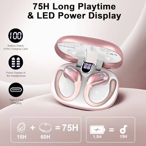 Wireless Earbuds, 75hrs Bluetooth 5.4 Headphone Sport, 2026 Bluetooth Earbuds Deep Bass Over Ear Buds with Earhooks, ENC Noise Cancelling Earphone Mic, IP7 Waterproof for Workout/Running/Gym Rose - color: A-Rose