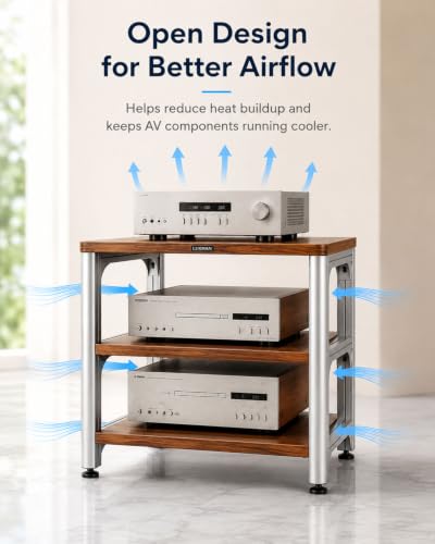 3-Tier HiFi Audio Rack, Adjustable AV Stand for Stereo Equipment | 110 lbs Per Shelf Open Cooling Design Metal Support Columns Rubber Feet Fits Amplifier, Receiver, Turntable & CD Player - size: 3-tier