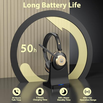 Earbay 5.3 Bluetooth Headset, Wireless Headset with Noise Canceling Mic & USB Dongle, 50Hrs Wireless Headphones with Mic Mute & Charge Dock, for Calls, Perfect for PC, Laptop, Phone, Teams and Zoom