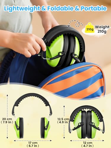 Dr.meter Kids Ear Protection Ear Muffs, Noise Cancelling Headphones EM100 | 27.4SNR Noise Reduction Earmuffs for Toddler Kids Autism Sensory Monster Jam Fireworks Concerts Air Show Audlts Mowing - color: Green+green