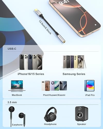 Bkduice USB C to 3.5mm Headphone Jack Adapter with DAC Chip, 2 Pack HiFi USB-C to Audio Dongle Compatible with iPhone 16 15 Pro Max, Galaxy S25 S24 S23 S22, iPad Pro, MacBook, USBC to Aux Adapter
