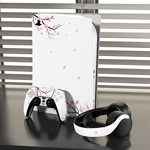 PlayVital Skin Decal for ps5 Console Disc Edition, Full Set Sticker Wrap Vinyl Decal Cover for ps5 Controller & Charging Station & Headset & Media Remote - Falling Cherry Blossom - color: Falling Cherry Blossom