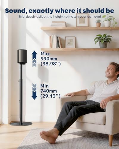 Speaker Stands for Sonos Era 100, 100 SL & Era 300 - Hidden Cable, 1 Pair | Sturdiness, Easy to Assemble, 29.1–39'' Height Adjustable, Two Base Mounting Options, Black, Max holds 11lbs(per one)