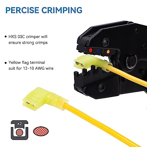 HKS 50 PCS Flag Spade Terminals 90 Degree Female - Yellow 12-10 AWG - Nylon Quick Disconnect Wire Connector - Right Angle - Crimp Insulated - color: 50PCS Yellow