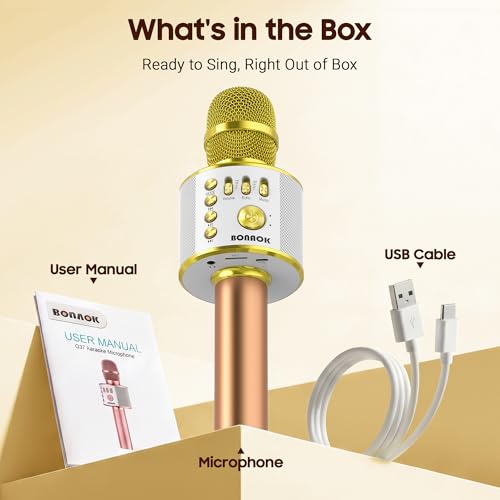 BONAOK Wireless Bluetooth Karaoke Microphone,3-in-1 Portable Handheld Karaoke Mic Speaker Machine Home Party Birthday for All Smartphones (Q37 Gold) - color: Gold