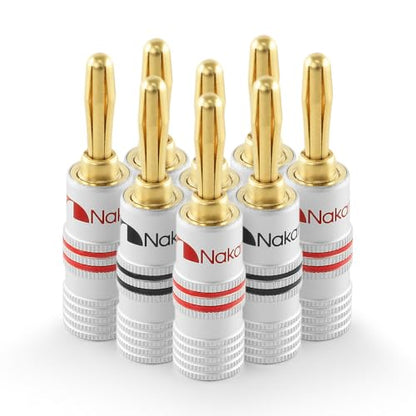 Nakamichi GrubLock Excel Series 24k Gold Plated Banana Plugs, 10-18 AWG | Gauge Size 4mm for Speakers Amplifier Hi-Fi AV Receiver Stereo Radio Audio Wire Cable Screw Connector, 8 Pcs (4-Pairs) - size: 8 Pcs (4-Pairs)