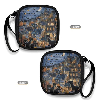 Portable Small Square Storage Pouch for Earbuds in-Ear Headphones Earphones Hearing Aids USB Charging Cable Headset Carrying Case(Halloween Cat Bat) - color: Halloween Cat and Bat