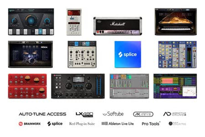 Focusrite Scarlett 4i4 USB-C Audio Interface Studio Bundle with Mackie CR3-X Monitors Condenser Microphone Headphones Boom Stand Pop Filter XLR and TRS Cables and Production Software