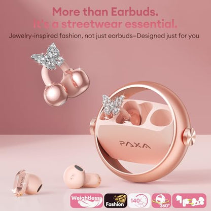 PAXA 3 in 1 Ctbuds Stylish Jewelry-Style Clip on Open Ear Headphones Wireless Earbuds, Instant Earring Mode, Ultra-Long 140H Play, Bluetooth 6.0, All-Day Wear for Work Fitness Daily Use, Rose Gold - color: G-Rose Gold-Butterfly Earring