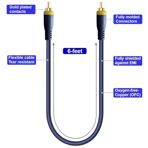 RCA Cable, 6ft,1-RCA Male to 1-RCA Male, Shielded, Gold-Plated Connectors, for Speakers/Subwoofers, Amplifiers, Home Theater Receivers, HDTV, Hi-Fi Systems, etc (1-Pack) - size: (1-Pack) 6-Feet