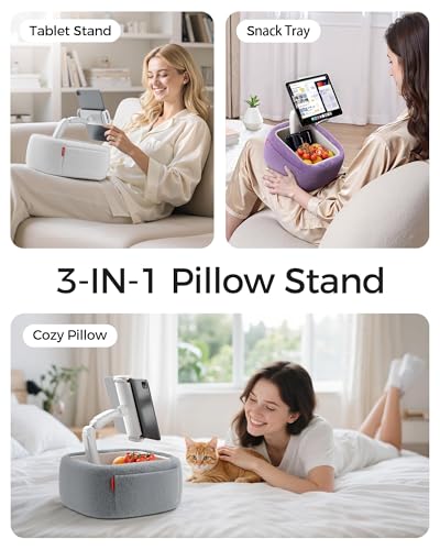 LULULOOK Tablet Pillow Stand, Compatible with iPad, iPhone and 4.7-14.6”Tablet, 360° Adjustable Kindle Pillow Stand for Bed with Ultra Fluffy Fabric & Snack Bowl (Fluffy Gray) - color: Fluffy Gray