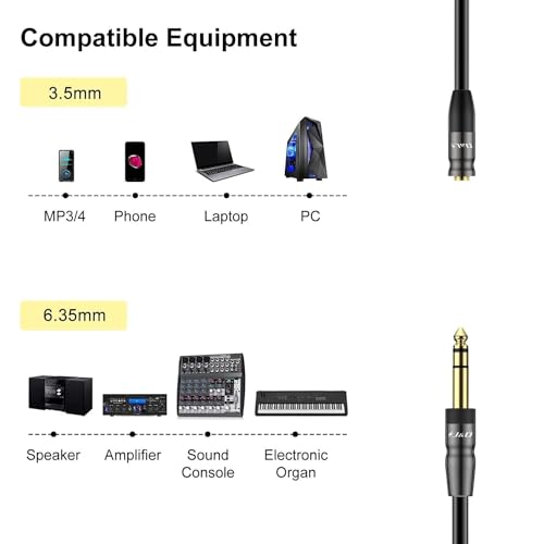 J&D 1/4 inch to 3.5mm Headphone Adapter, Heavy Duty Copper Shell Connecter Joint 3.5mm 1/8 inch Female TRS to 6.35mm Male TRS Stereo Audio Extension Cable (1 Feet) - size: 1 Feet