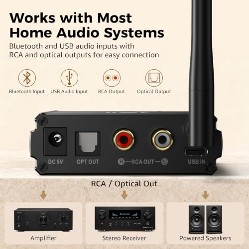 1Mii DS220 Bluetooth Receiver for Home Stereo, Hi-Res LDAC & aptX HD HiFi Audio Adapter with Audiophile DAC, Optical/RCA Outputs for Stereo System, Amplifier, OLED Display, 7 EQ