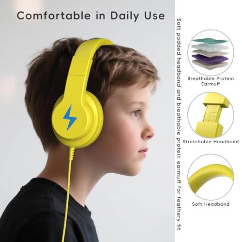 Candy Bila Wired Kids Headphones with Microphone, 85dB Safe Volume | Volume Limiter 85/94dB, HD Stereo Sound, Microphone and Wired Control,Foldable Design, Yellow - color: Yellow