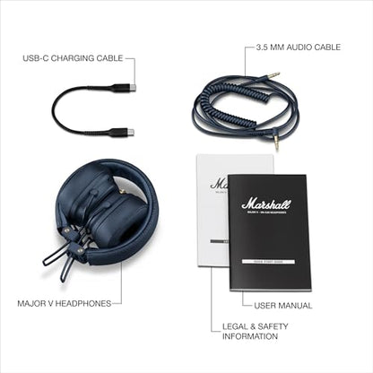 Marshall Major V Wireless On-Ear Bluetooth Headphones - 100+ Hr Playtime | Detachable Audio Cable | Microphone for Calls | Lightweight, Foldable Design for Travel - Midnight Blue - color: Midnight Blue