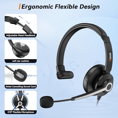 Wantek Headset with Mic, USB Headset with Microphone for PC, Computer Headset with Noise Cancelling Microphone with Mute in-line Control for Office Online Class Skype Zoom Meetings - color: Monaural-3.5MM+USB