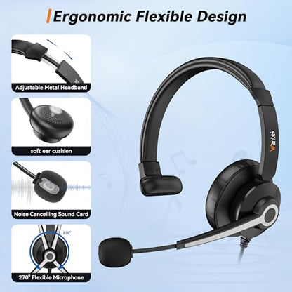 Wantek Headset with Mic, USB Headset with Microphone for PC, Computer Headset with Noise Cancelling Microphone with Mute in-line Control for Office Online Class Skype Zoom Meetings - color: Monaural-3.5MM+USB