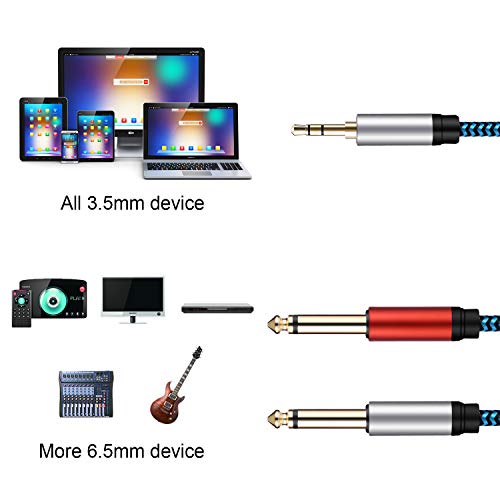 1/8 to 1/4 Stereo Cable, Nylon Braided 3.5mm to 1/4 Cable & Adapter Cord, TRS to Dual 6.35mm TS Unbalanced Breakout Wire for Laptop, Mixer, Amp - 6.6 Ft