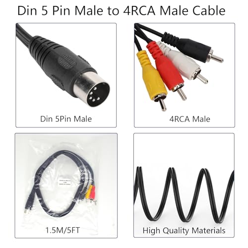 5Ft 5Pin MIDI DIN Male to 4 RCA Phono Audio Cord for TV PC Computer | 5 Pin Male DIN to 4 RCA Male, Audio Video Cord, 4 RCA Connectors, AV Cable for PC, Gaming Console, Home Theater