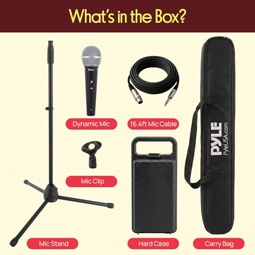 Professional Handheld Dynamic Microphone Kit - Unidirectional Vocal Wired Microphone w/Carry Bag, Metal Mic Stand, Holder/Clip & 16.4ft XLR Audio Cable to 1/4'' Audio Connection - Pyle PDMIC88ST - color: Black