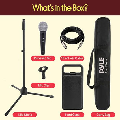 Professional Handheld Dynamic Microphone Kit - Unidirectional Vocal Wired Microphone w/Carry Bag, Metal Mic Stand, Holder/Clip & 16.4ft XLR Audio Cable to 1/4'' Audio Connection - Pyle PDMIC88ST - color: Black