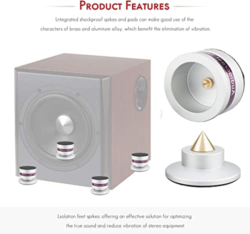 Tertullus 4 Pcs Aluminum Speaker Spike+Speaker Isolation Feet Top Pad Turntable Isolation Feet for Amplifier Turntable Player Subwoofer Silver - color: Silver