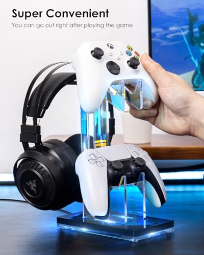OAPRIRE Headset and Controller Stand with Lights, 2 Tier Acrylic Game Controller Holder, Controller and Headset Stand for Desktop,Universal Design Compatible with PS5/PS4/XBOX/SWITCH (Black) - color: Black, size: 2 Tier-Lights