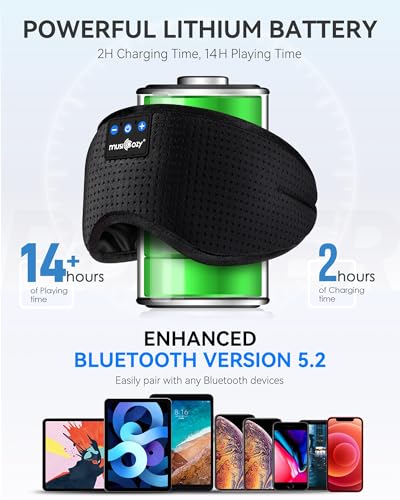 MUSICOZY Sleep Headphones Bluetooth 5.4 Sleep Mask with HD Sound | Breathable Flat Design with Cooling Lining, Washable Headband, 14 Hours Playtime for Travel Meditation Relaxation Gifts - color: Matte Black