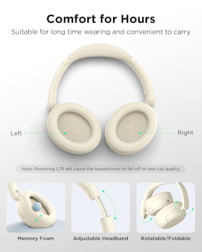 TALIX H30 Hybrid Active Noise Cancelling Headphones, 110H Playtime Hi-Res Audio Bluetooth 6.0 Wireless Over Ear ANC Headphones for Commute/Travel (Off-White) - color: Off-white