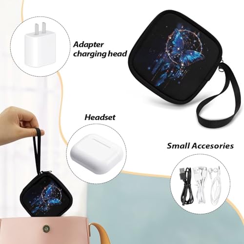 Butterfly Wind Chime Portable Earphone Case Zipper Pouch Universal Square Earbud Carrying Bag with Mesh Inner Pocket for Headset Earphone Flash Drive Charging Cable Key - color: Butterfly and Wind Chime
