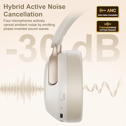 LORELEI QC30 Hybrid Active Noise Cancelling Headphones,Over-Ear Wireless Bluetooth,Beige Protein Leather, Active Noise Control & Transparency Mode,Deep Bass, Built-in Mic - color: Beige White