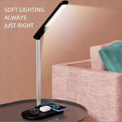 IHAO 3in1 Wireless Charging Eye-Care Desk Lamp 15W Fast Charging Station for Phone, Smartwatch & Earbuds, Touch Control Dimmable LED Light Adjustable Gooseneck, Modern Office Table Lamp-HYT2096 Black - color: Table Lamp 3in1 wireless charger HYT2096 Black