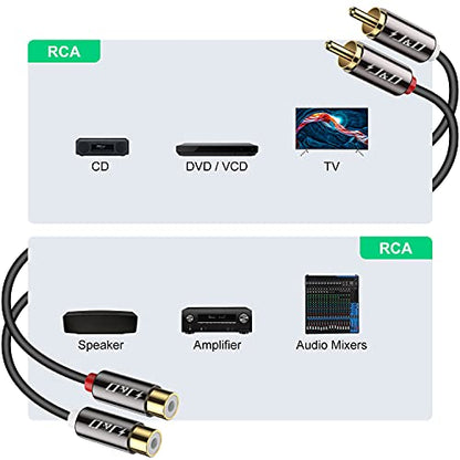 J&D 2 RCA Extension Cable, RCA Cable, Gold Plated Copper Shell Heavy Duty 2 RCA Male to Female Stereo Audio Extension Cable, 6 Feet - size: 6 Feet