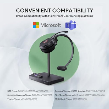 Yealink WH62 Mono Wireless DECT Headset for IP Phone & PC, Teams Certified | 525 ft Long Range Work Headphone with Dual Noise Canceling Microphones, Quick Mute & Call Control, 13H Talk Time, Busylight, - style: WH62 Mono Teams