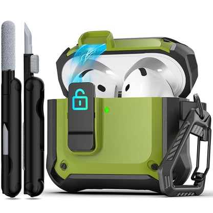 for AirPods 4 Case with Lock Magnetic Lid MagSafe, Military Grn | Compatible with Apple AirPods 4th Generation Protective Case with Cleaner Kit & Carabiner, Powerful Drop Protection - color: DHF-Military Green, size: Airpods 4th Generation