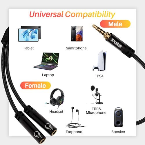 1/8inch Aux Headphone Splitter 2 Way Cable 1.5FT, 3.5mm 4-Pole Male to 2-Female Port Mic and Audio Stereo Y TRRS Adapter, Compatible with Headset Earphone PS4 Xbox PC Laptop MP3 players Phone Tablet - size: 1.5FT