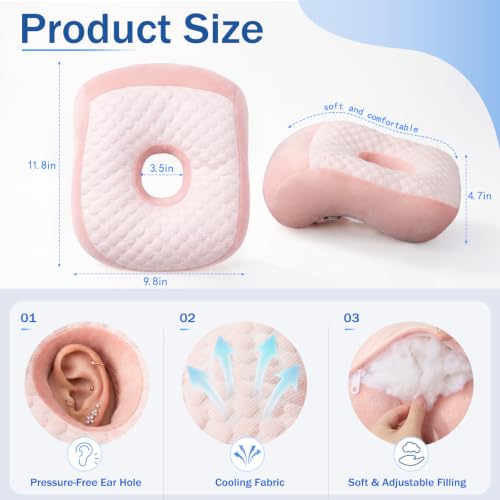Youyole Pink Piercing Pillow for Side Sleepers, Ear Pillow Smooth Cooling Fabric, 11.8 x 9.8 x 4.7 Inch Raised for Sleeping with Earbuds, Earphones, Ear Pain, Pressure Relief Comfortable Sleeping - color: Pink