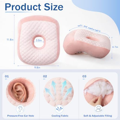 Youyole Pink Piercing Pillow for Side Sleepers, Ear Pillow Smooth Cooling Fabric, 11.8 x 9.8 x 4.7 Inch Raised for Sleeping with Earbuds, Earphones, Ear Pain, Pressure Relief Comfortable Sleeping - color: Pink