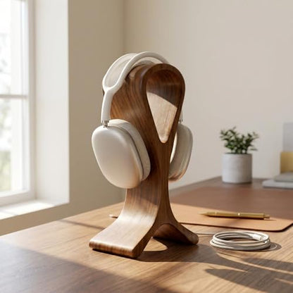 Wooden Headphone Stand for Desk – Premium Walnut Wood Headset Holder Compatible with AirPods Max, Gaming Headphones & Studio Headsets – Modern Desk Organizer & Headphone Display Stand