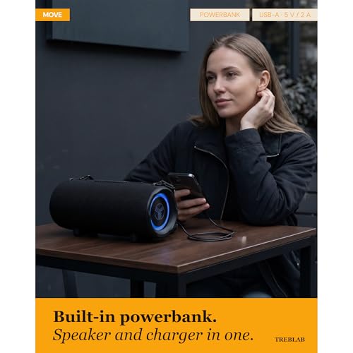 TREBLAB HD-Max Loud Portable Wireless Bluetooth Speaker, 60W IPX7 20H | RGB Power bank Outdoor Speaker, TWS Stereo Pairing, Carry Strap & Deep Bass for Backyard Parties, USB-C Charging - color: Black