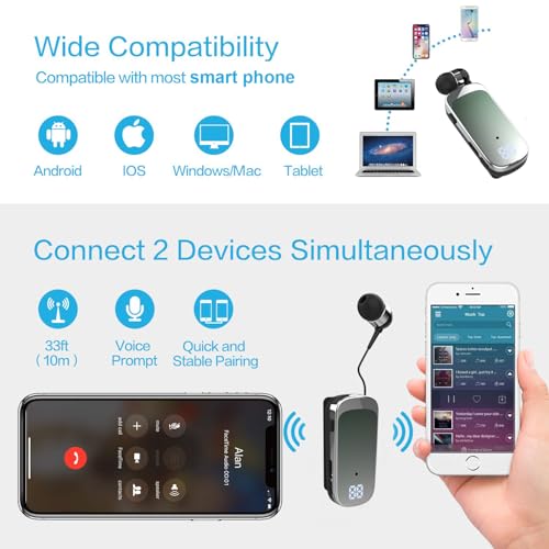 Retractable Wireless Headset Headphone Stereo Earphone V5.0 Noise Cancelling Mic Clip on Earpiece Comfortable HandsFree Headset 20Hrs Talking Time Sports Business Trucker Driver Earbud - color: Green