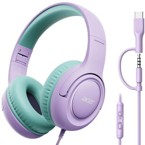 Acer Kids Headphones for School, USB-C-3.5mm Dongle, w/Mic HK03 | Foldable Wired Over Ear Headphones, for Toddler School/Tablet/iPad/PC/Travel, Purple-Green - color: 2-in-1 Purple Green