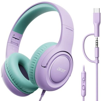 Acer Kids Headphones for School, USB-C-3.5mm Dongle, w/Mic HK03 | Foldable Wired Over Ear Headphones, for Toddler School/Tablet/iPad/PC/Travel, Purple-Green - color: 2-in-1 Purple Green