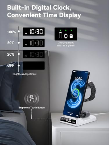 Wireless Charger for Samsung S25 with Clock 3 in 1 Android Charging Station | Charging Station for Galaxy S25 Ultra,Z Flip 7,Fold,Galaxy Bud,Watch Charger for Galaxy Watch 8,7,6,5Pro, Nightstand Charger - color: White