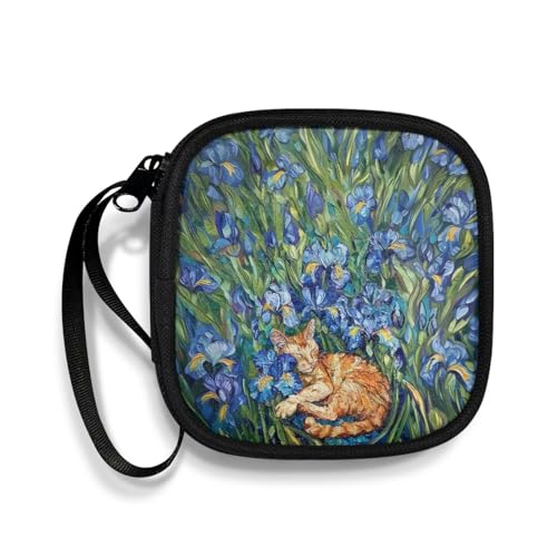 Blue Flower and Cat Portable Wireless Headphone Case, Earphone Storage Bag Carrying Case, Earbud Holder with Handle Headphone Bag Travel - color: Blue Flower And Cat